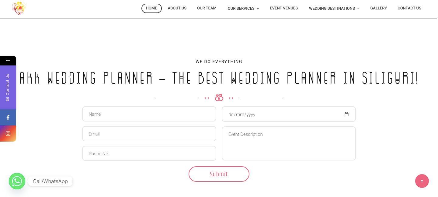 The AKK Wedding Planner homepage with its enquiry form: name, date, email, event description and phone.