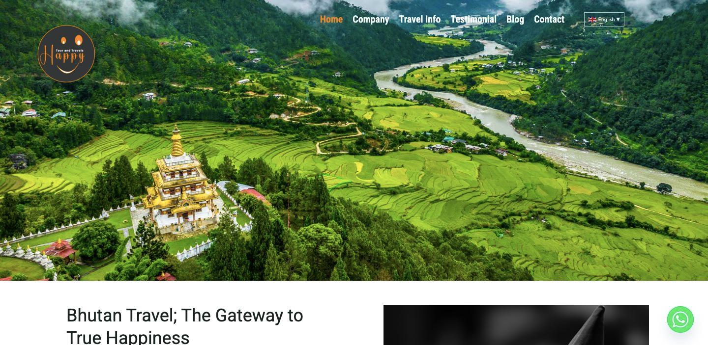 The Happy Bhutan Travel homepage, a full-bleed aerial photograph of a Bhutanese valley with a temple in the foreground.