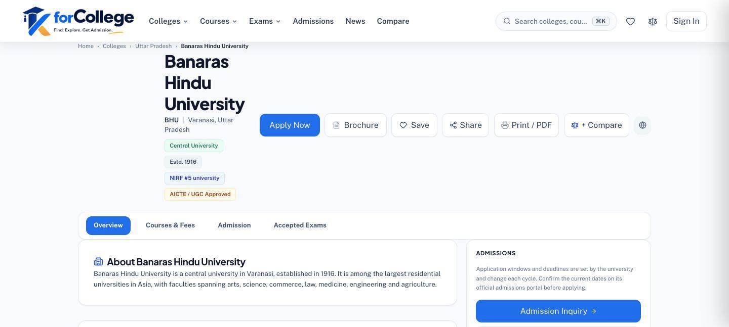 A college detail page for Banaras Hindu University, with overview, courses and fees, admission and accepted exams tabs.