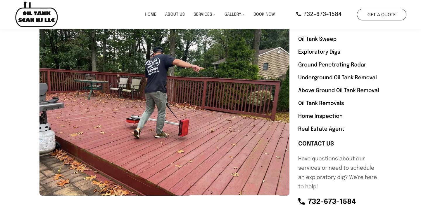 An Oil Tank Scan NJ service page: a technician sweeping a deck with ground-penetrating radar, beside the full service list.
