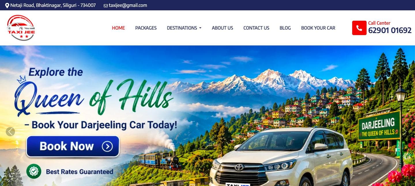 The Taxi Jee homepage, showing a Darjeeling hero with a Book Now call to action and a call-centre number.